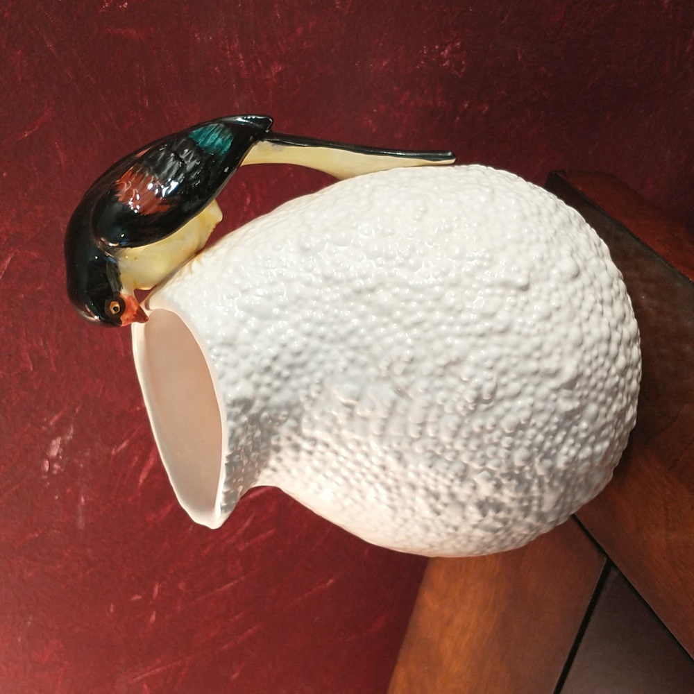 VINTAGE HALDON GROUP WHITE NUBBLY PORCELAIN PITCHER WITH FIGURAL BIRD HANDLE